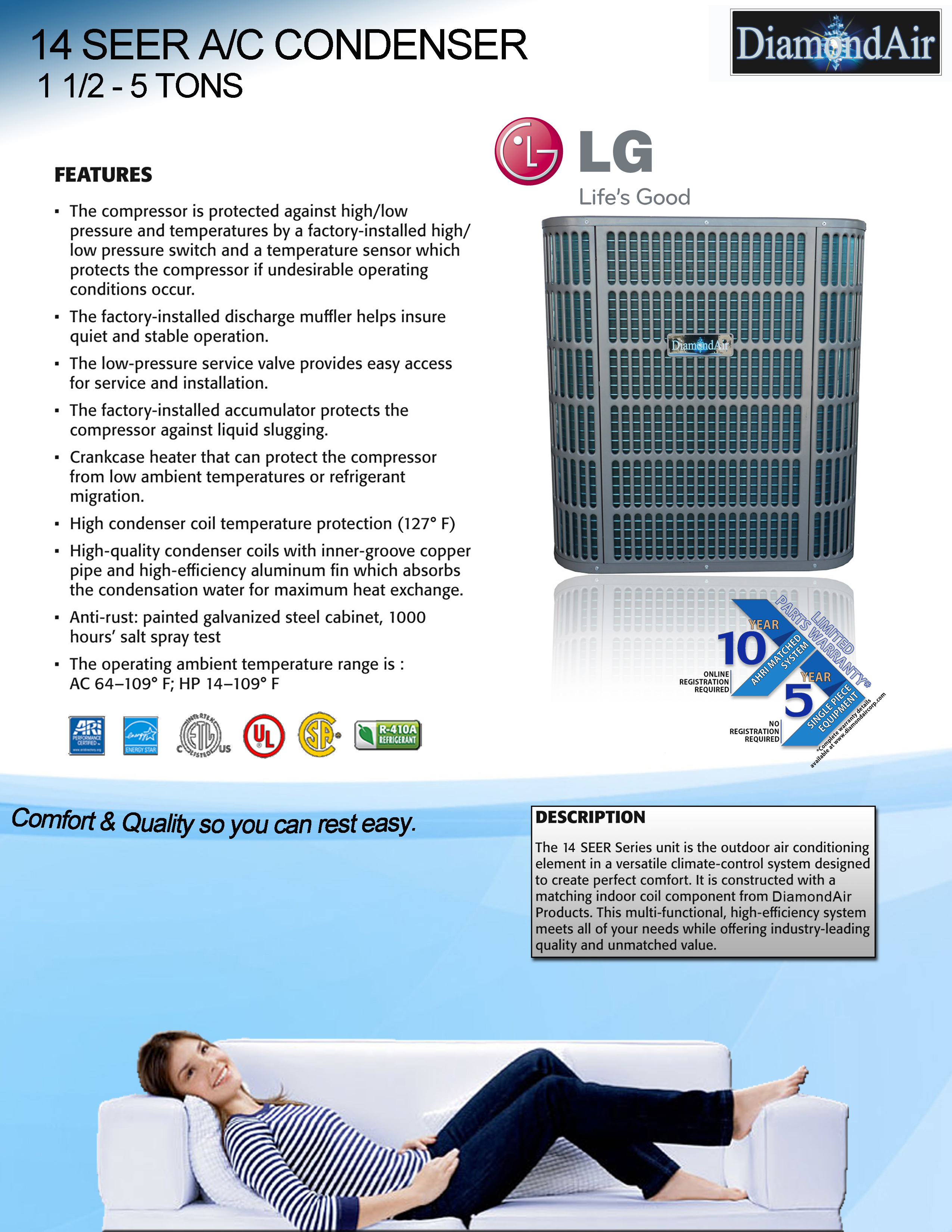 3.5 Ton DiamondAir 14 SEER 80% or 95.5% AFUE 100K BTU System D1442ACL, Furnace, DCC4860ALC (T)